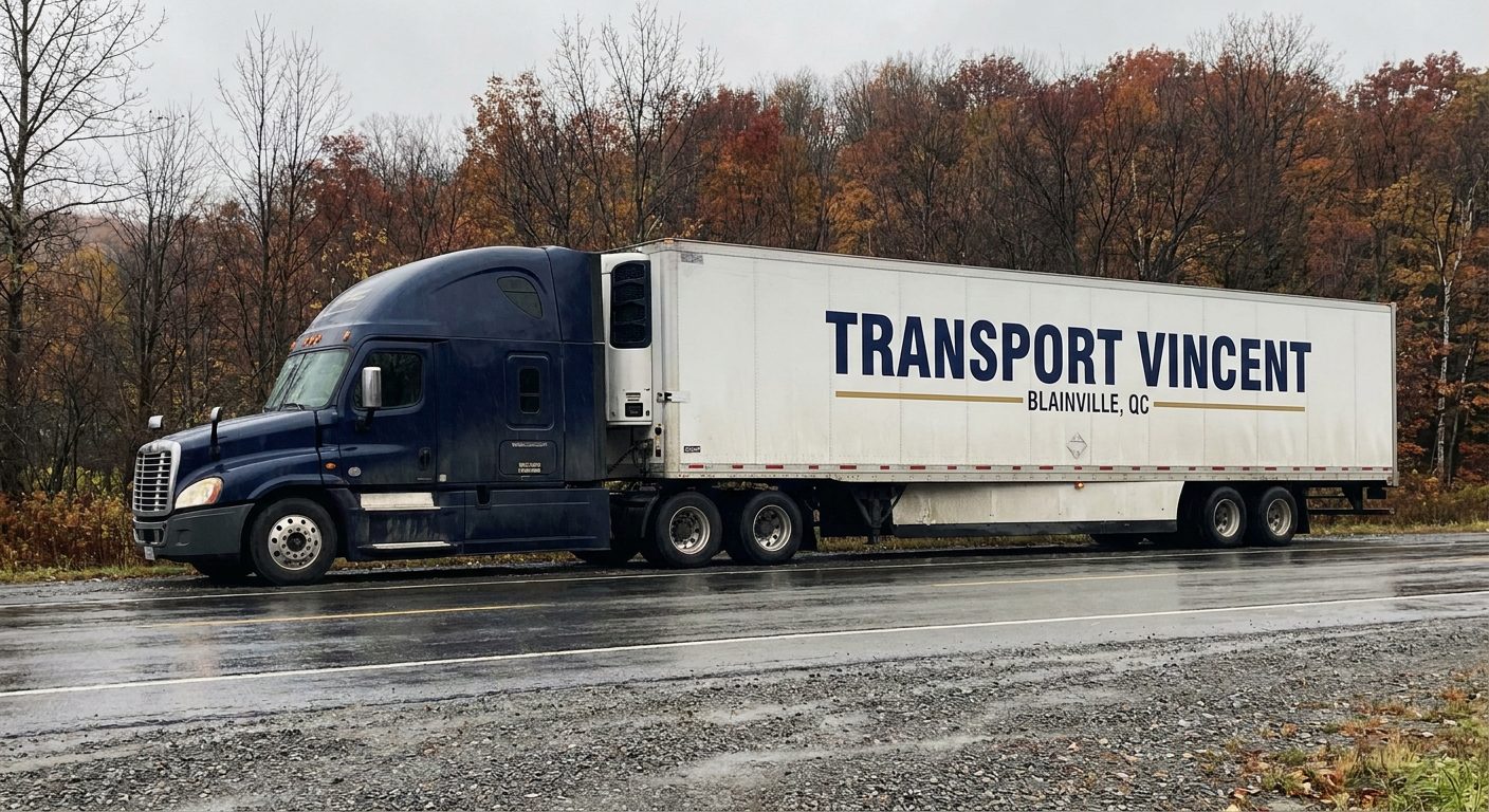 Camion Transport Vincent sur l'autoroute au Québec